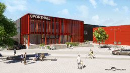 Larslunda IP, Strängnäs nya sporthall. Illustration ArenaProjekt.